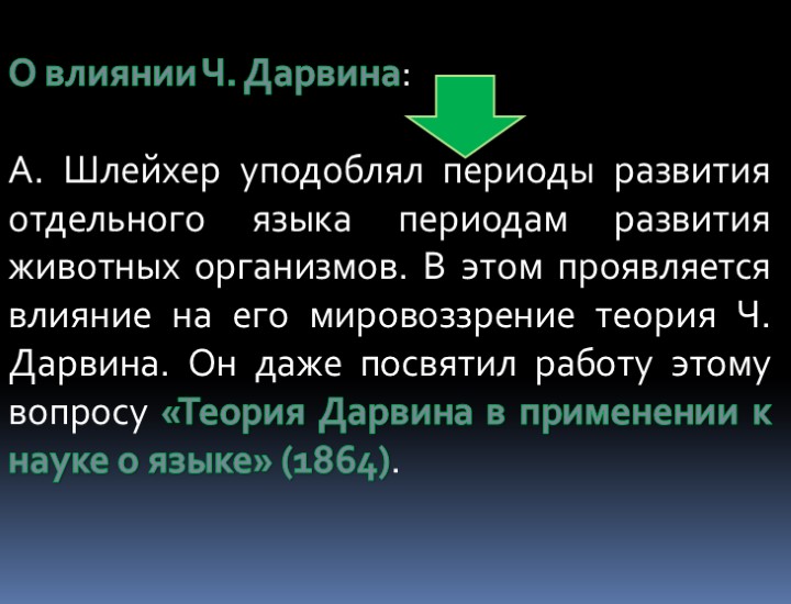 О влиянии Ч. Дарвина: А. Шлейхер уподоблял периоды развития отдельного языка периодам развития животных